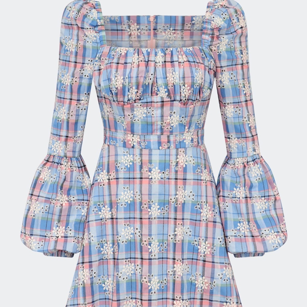 AUTUMN ADEIGBO Catira Check Eyelet Puff-Sleeve Mini Dress